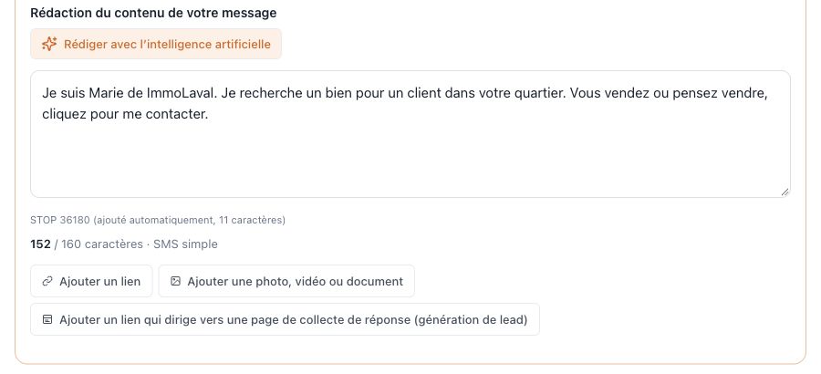 À l’étape Rédaction du message, le bouton d’ajout d’une page de collecte se trouve sous le texte du SMS.