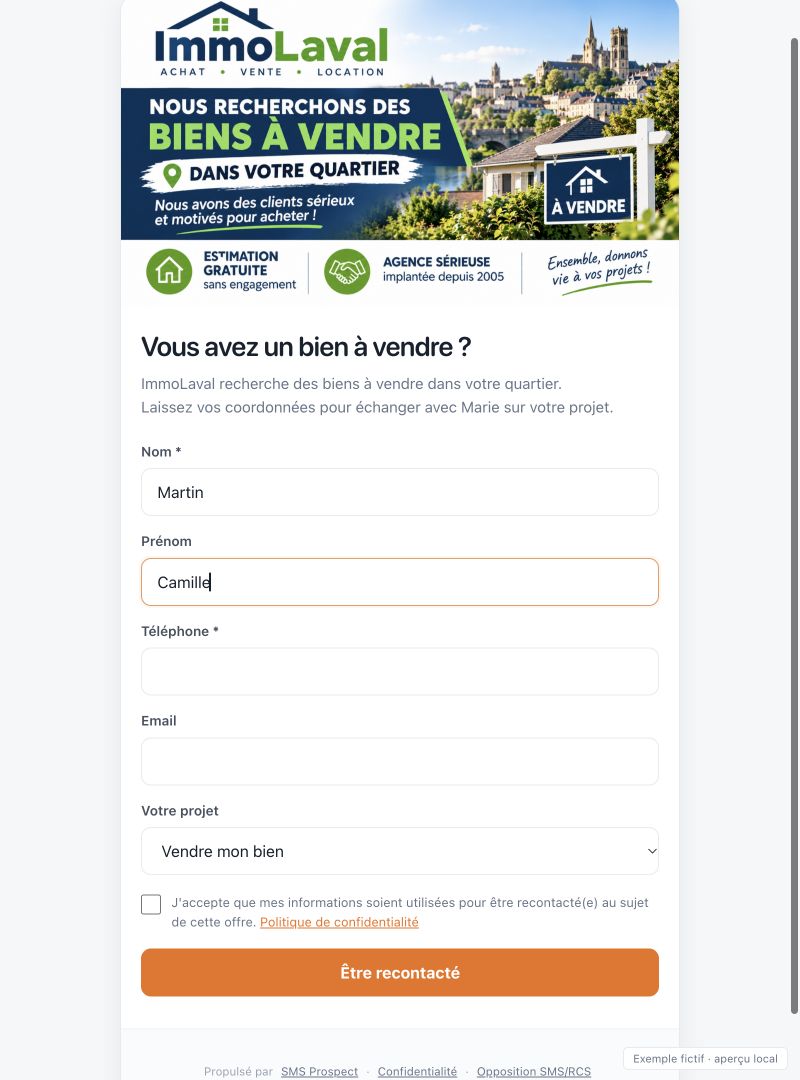 Exemple de page ImmoLaval : un propriétaire renseigne ses coordonnées et son projet immobilier pour être recontacté.