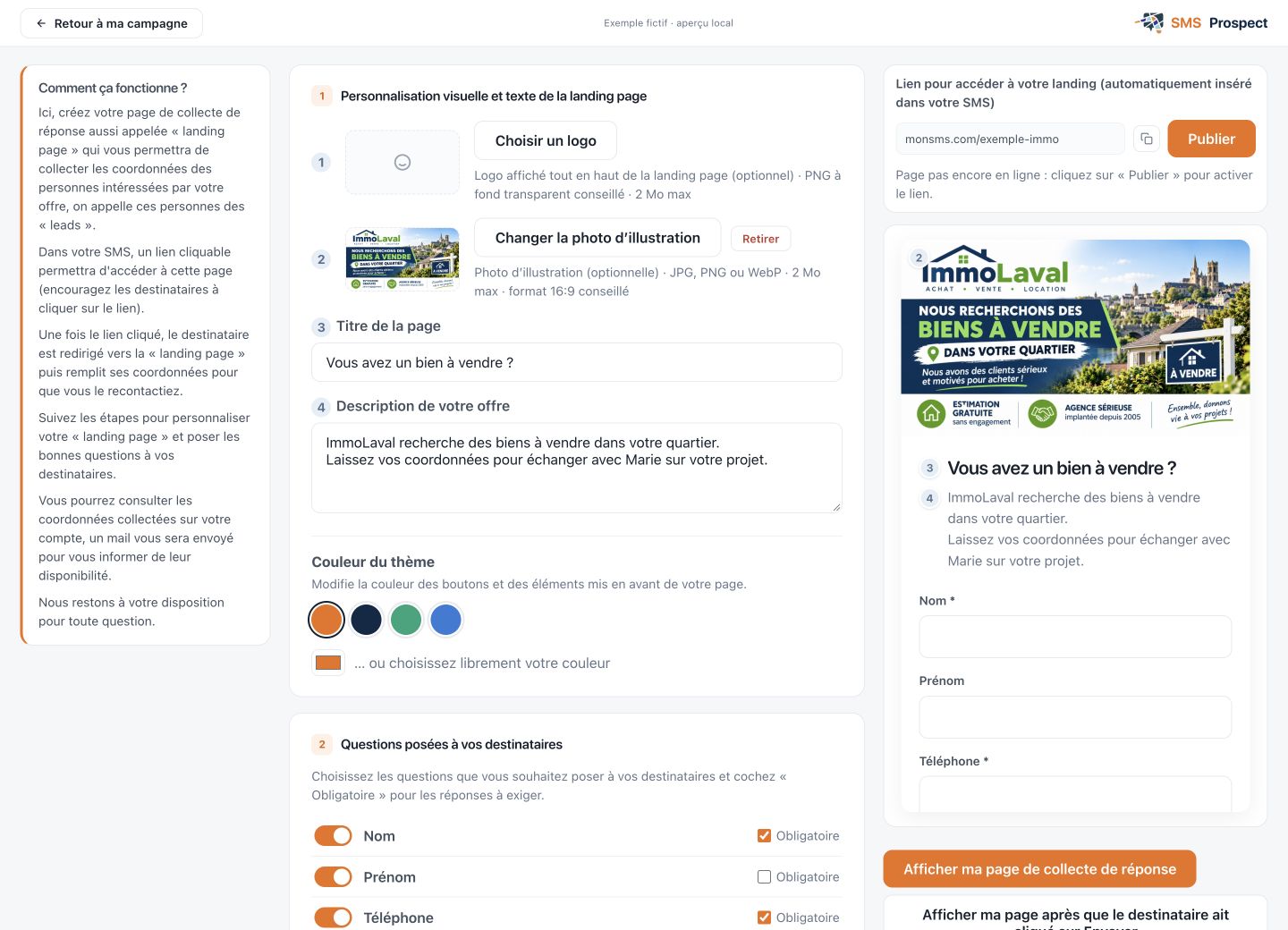 L’éditeur de page de collecte permet de personnaliser le titre, le visuel et les champs du formulaire de votre agence.